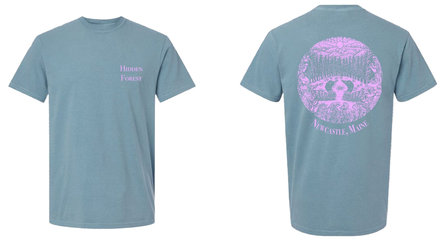 Blue t-shirt with pink text and graphics on a white background