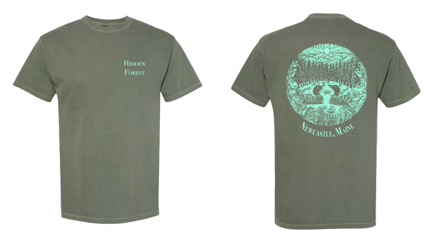 Green t-shirt with text and graphic design on a white background