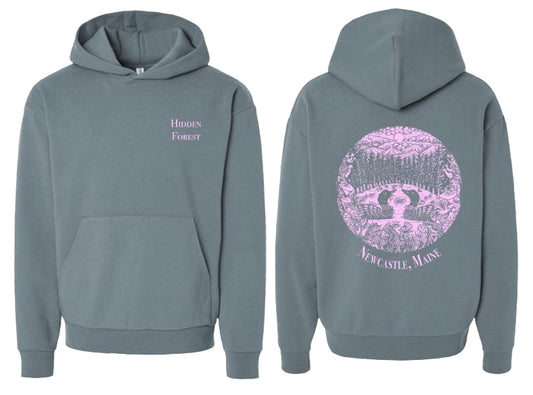 Gray hoodie with purple 'Hidden Forest Newcastle, Maine' design on a transparent background
