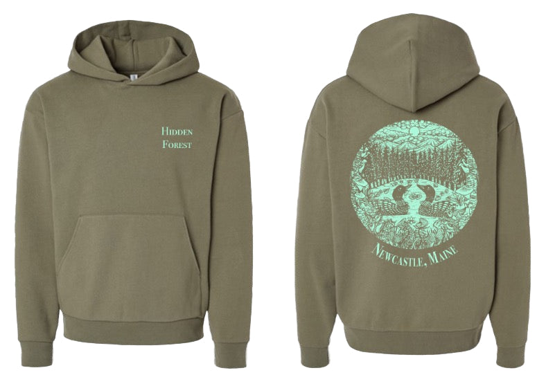 Green hoodie with 'Hidden Forest' text on front and 'Newcastle, Maine' graphic on back