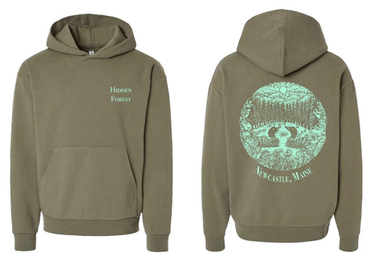 Green hoodie with 'Hidden Forest' text on front and 'Newcastle, Maine' graphic on back