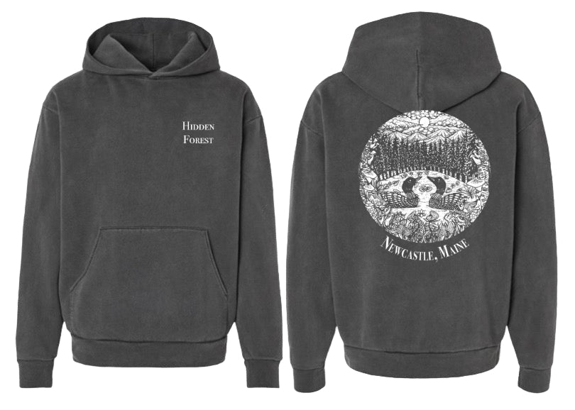 Black hoodie with 'Hidden Forest' text on front and back design on a transparent background