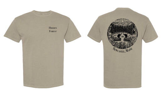 Beige t-shirt with a black graphic and text on a white background